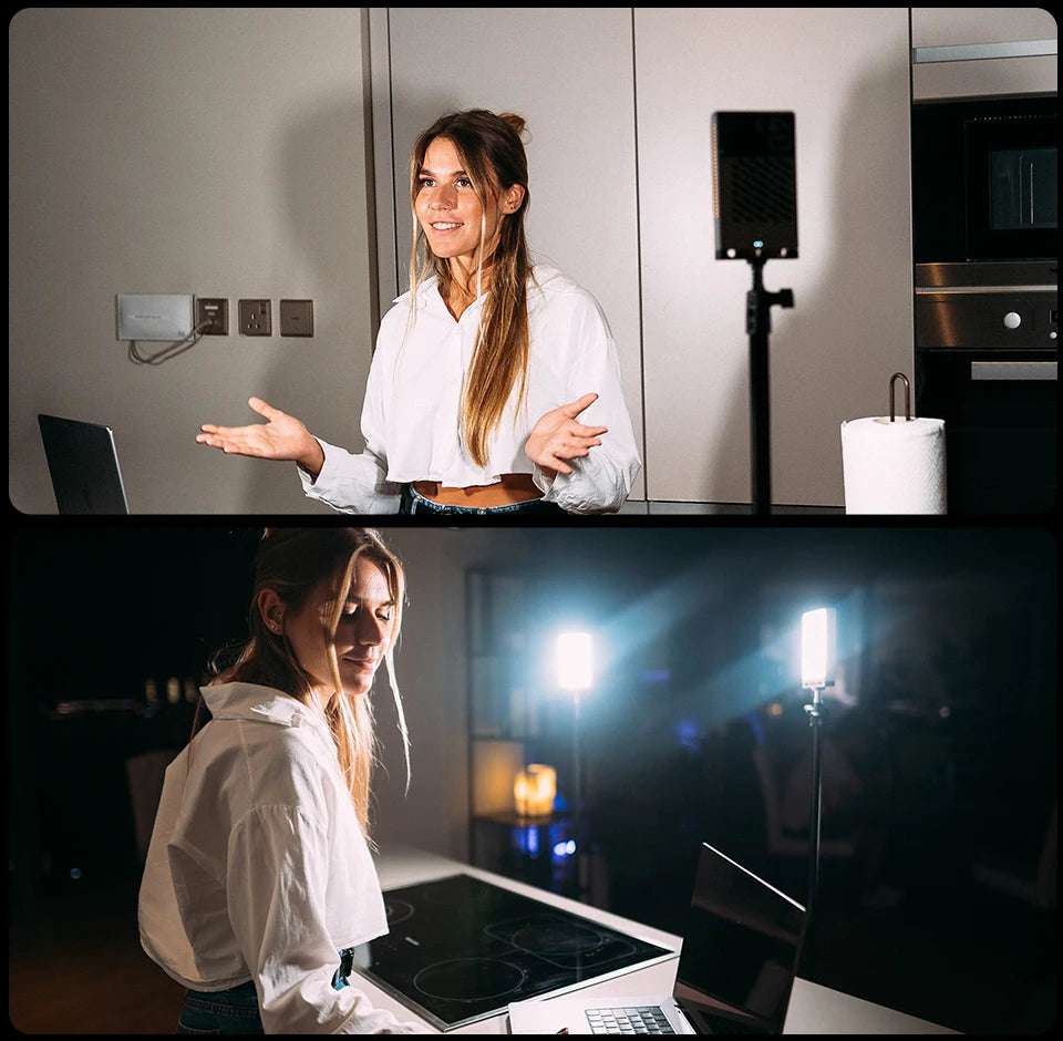 Compact black rectangular LED video light on a tripod stand, providing bright illumination for video calls and content.