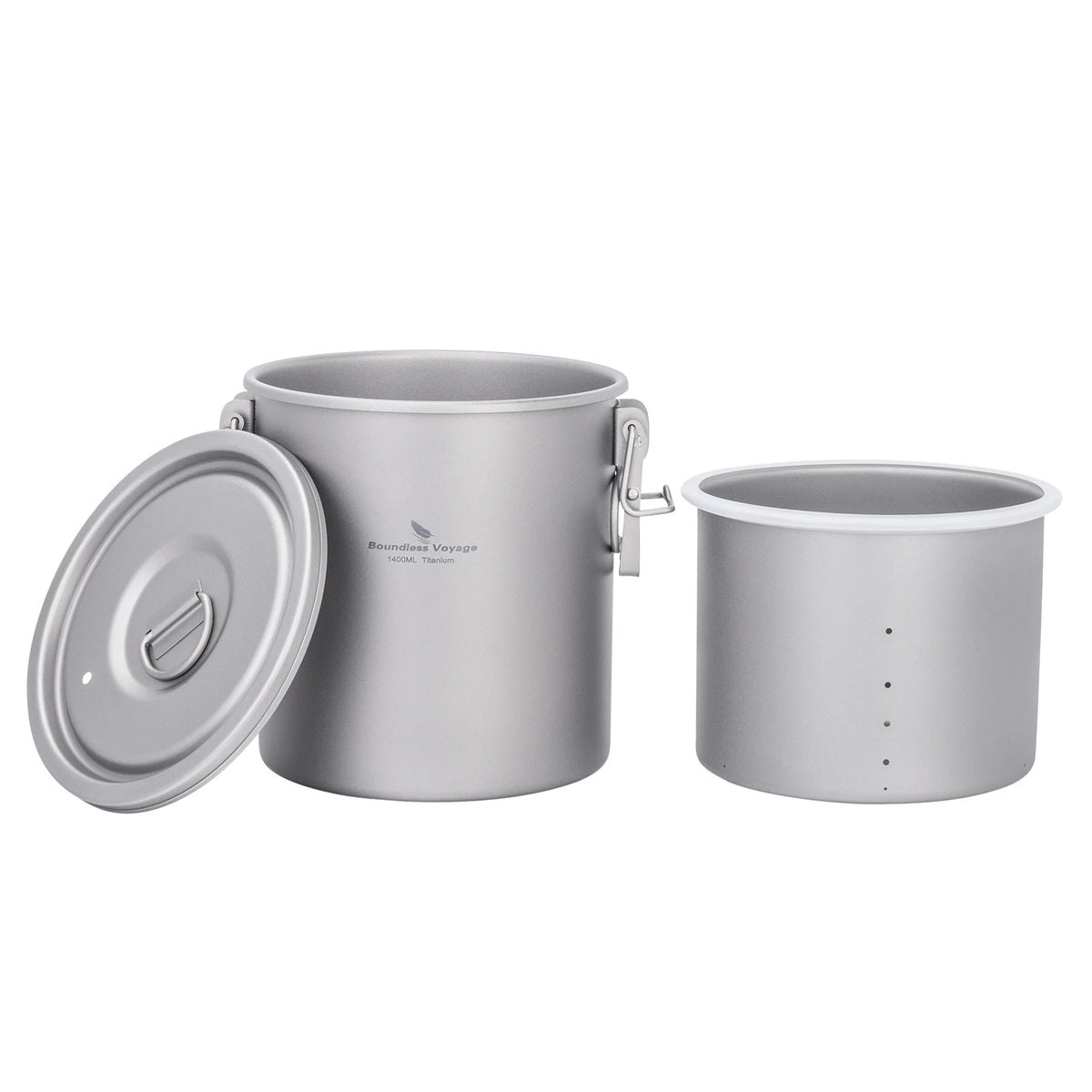 Titanium camping rice cooker pot with domed lid and nested inner pot, isolated