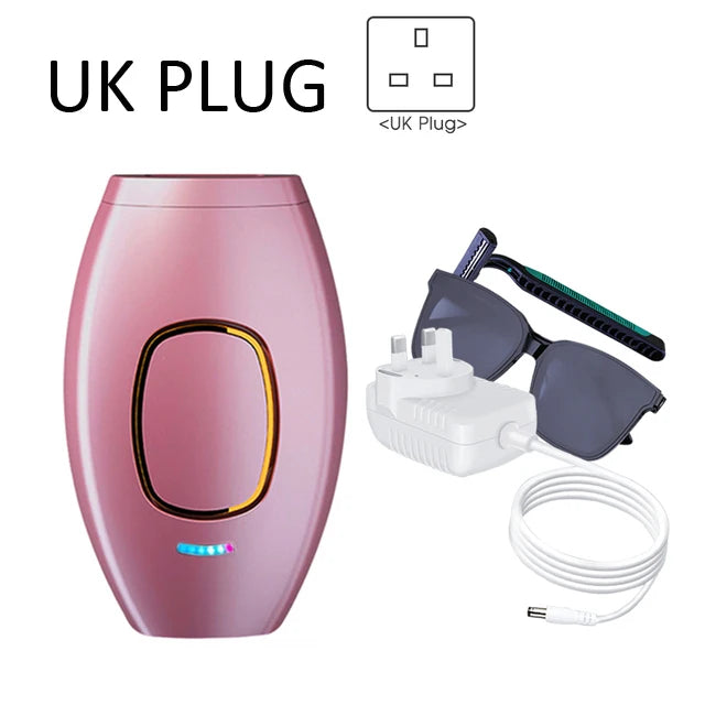 Pink IPL hair removal device with UK plug, protective glasses, and razor for painless home hair removal.