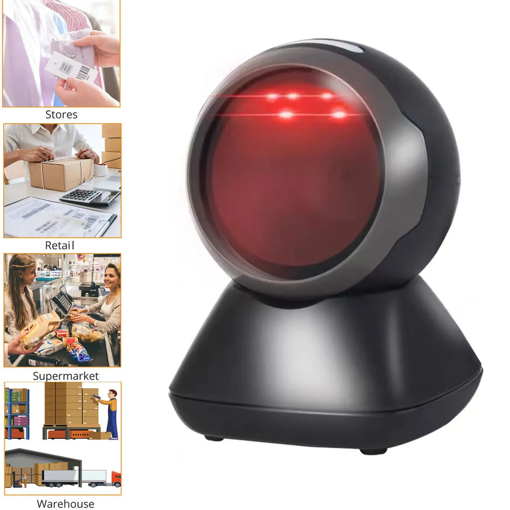 Black desktop omnidirectional barcode scanner with red scan light