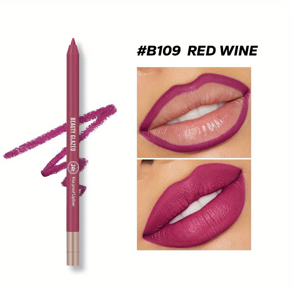 Beauty Glazed matte waterproof lip liner in Red Wine #B109, showing pencil, pigment swatch, and lip application.