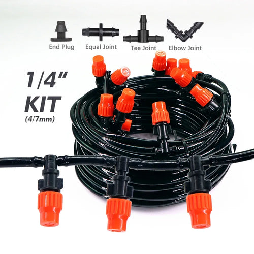 Coiled misting hose kit with orange nozzles and black connectors for irrigation systems