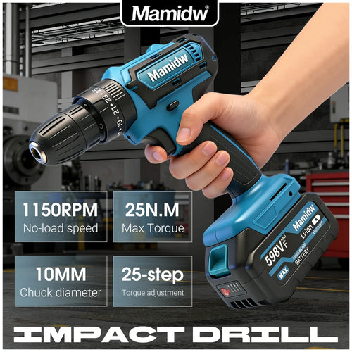 Blue and black cordless impact drill with keyless chuck held in a hand