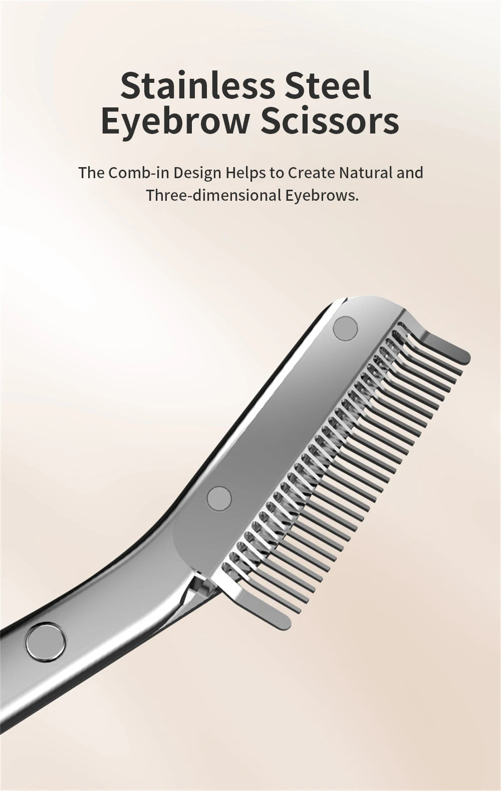 Silver stainless steel eyebrow scissors with integrated comb for precise professional brow grooming and shaping.