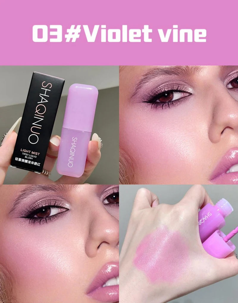 Tidesmit SHAQINUO soft matte liquid blush in peach pink violet shade swatch for natural waterproof face makeup