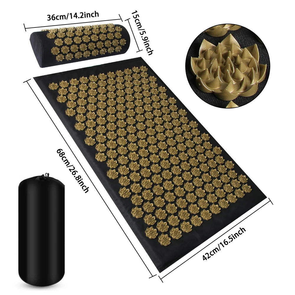 Black acupressure mat and pillow set with gold lotus-shaped massage spikes, shown with dimensions and carry bag.