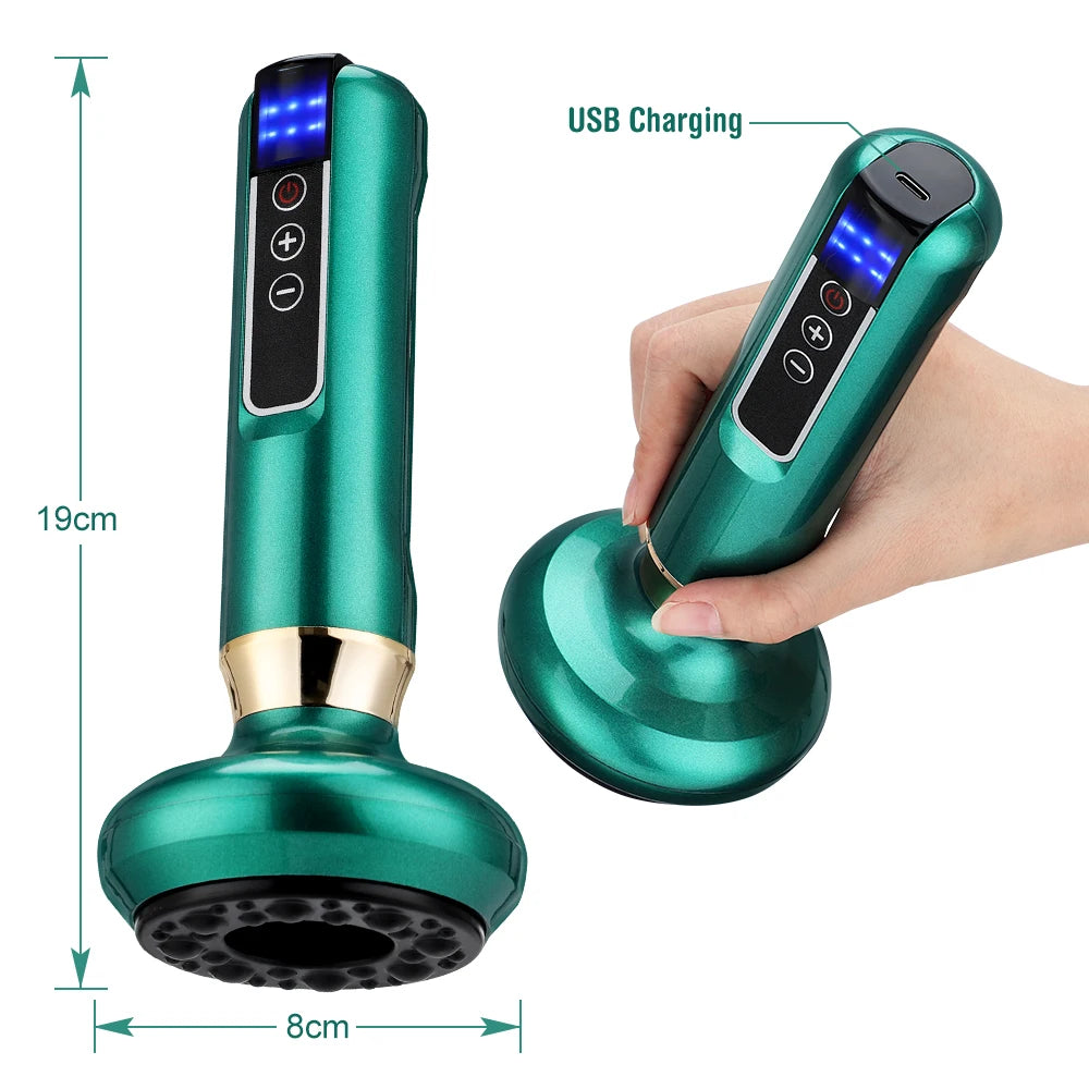 Green electric cupping massager with vacuum suction, LED display, and USB charging for anti-cellulite body massage.