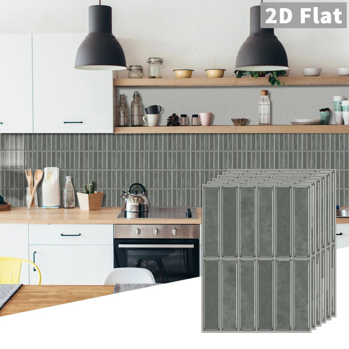 Self-adhesive tile decals, 2D flat grid sheet in light gray with raised grout lines