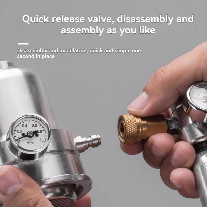 Stainless steel espresso machine quick-release valve with pressure gauge for simple modular assembly and maintenance.