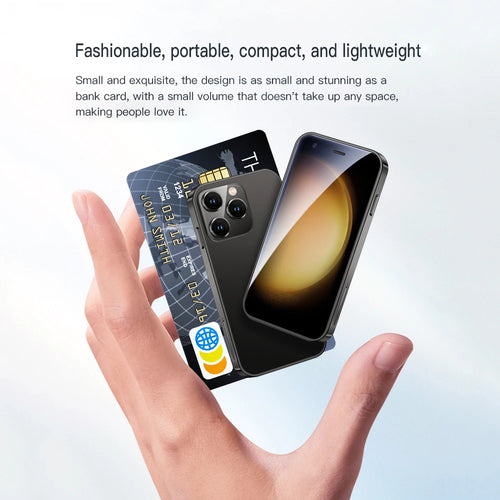 Black SOYES XS15 mini smartphone, 3-inch display, held in hand next to a credit card for size comparison.