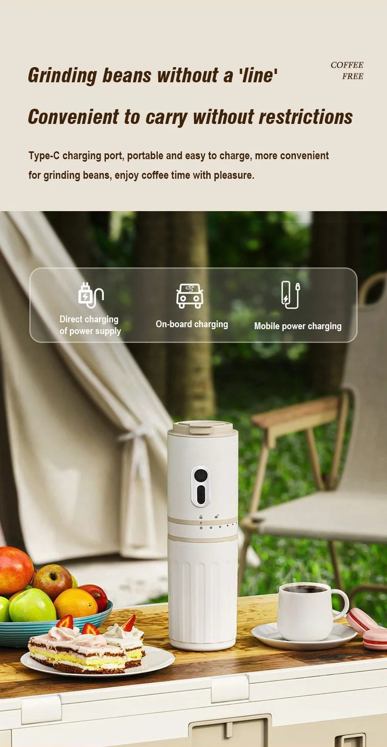Portable white electric coffee bean grinder with Type-C USB charging, ideal for camping and travel.