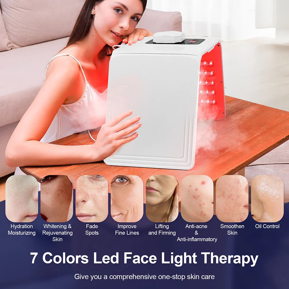 White arched LED light therapy machine emitting red light and mist, placed on a wooden table with skin benefit icons.