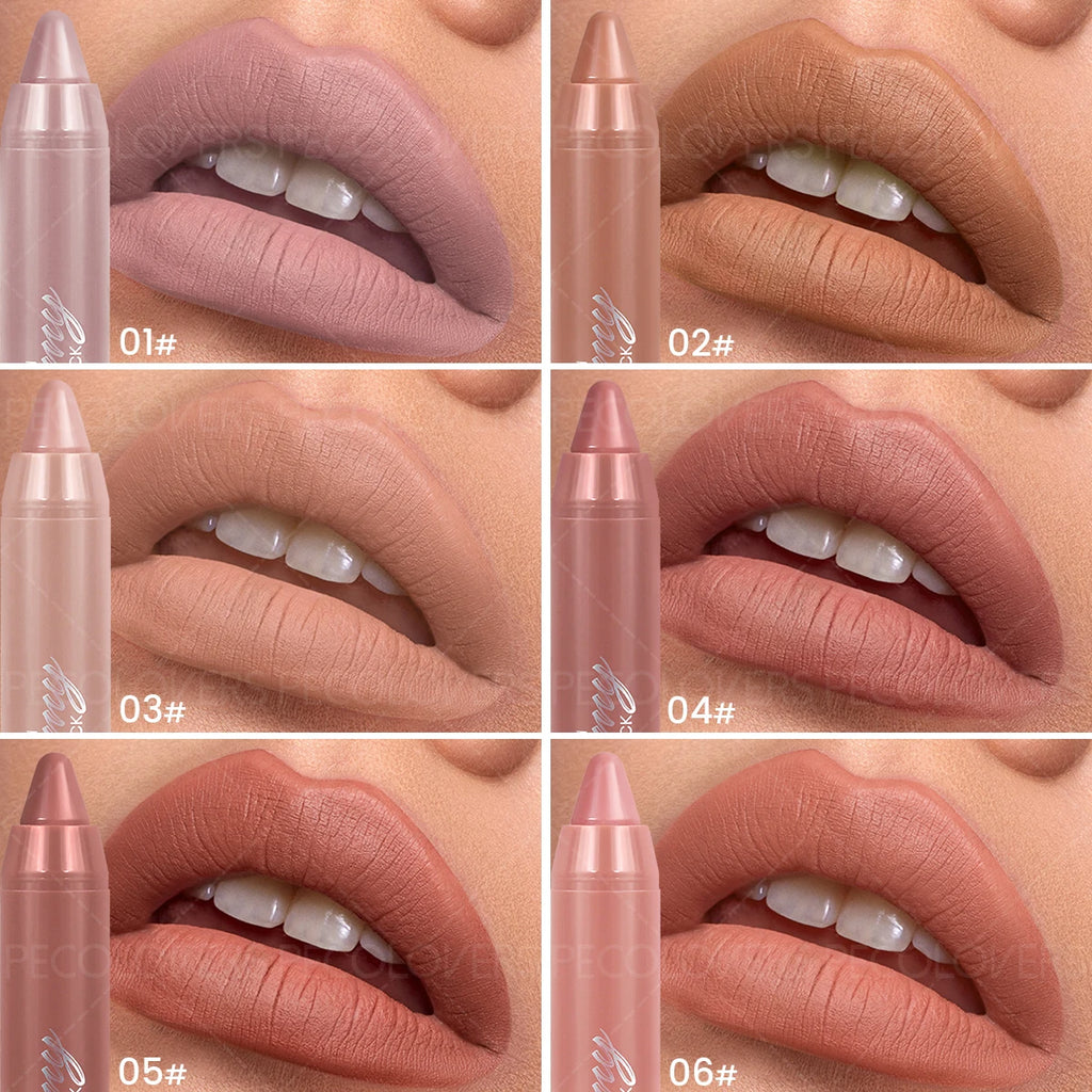 Soft matte lip crayon set featuring six moisturizing, highly pigmented nude and pink lip shades for everyday wear.