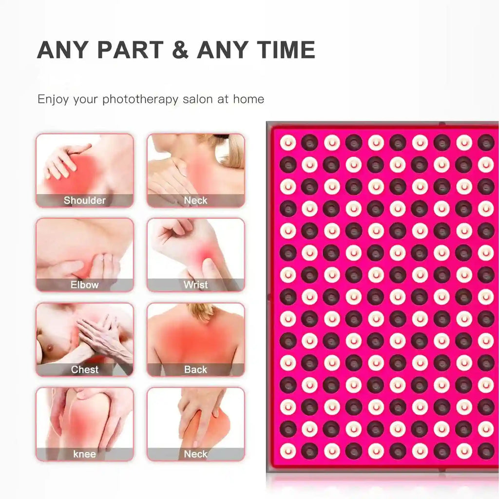 Red and near-infrared light therapy panel with a grid of LED bulbs, used for treating body aches and pain.