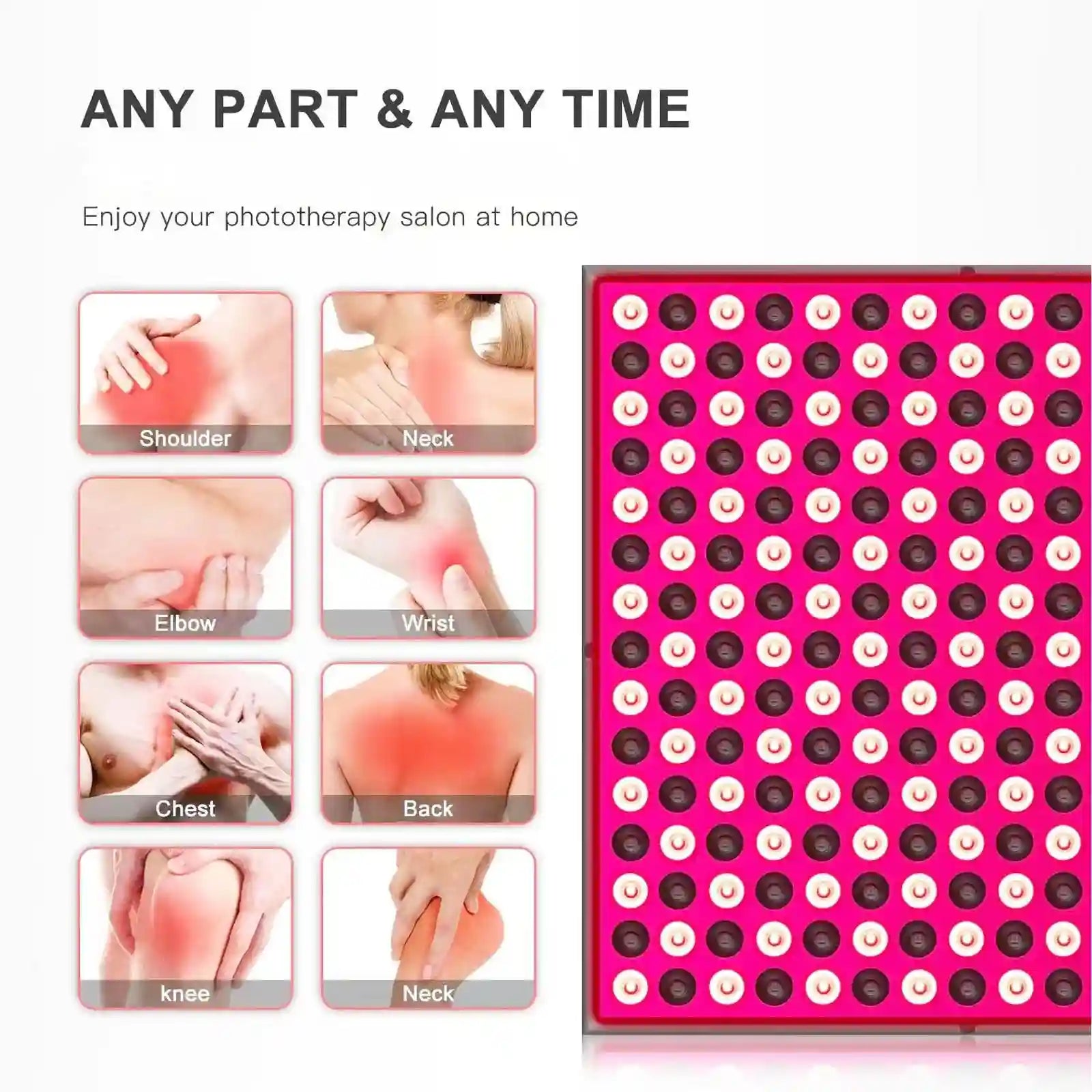 Red and near-infrared light therapy panel with a grid of LED bulbs, used for treating body aches and pain.
