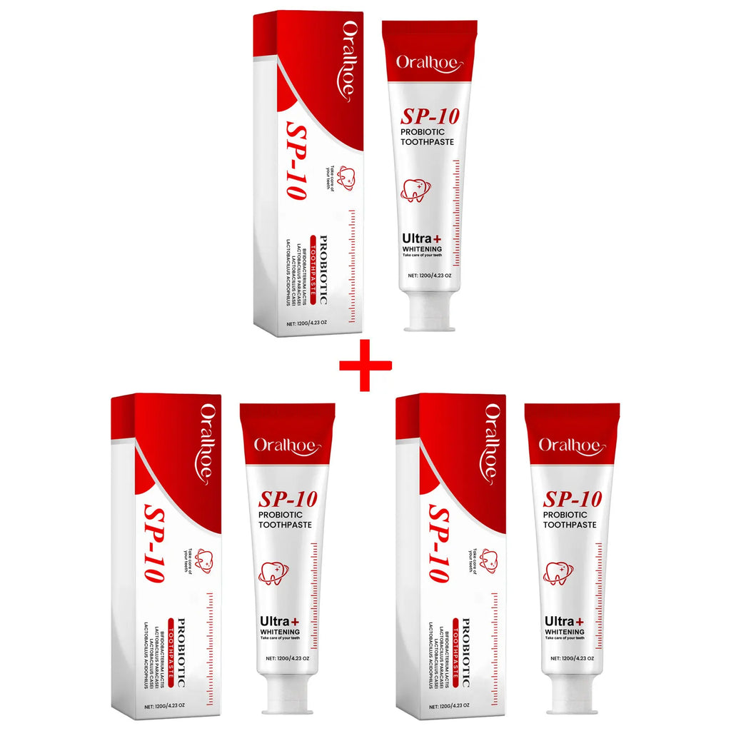 Tidesmit Sp10 probiotic toothpaste for teeth whitening, plaque removal, gum protection, and fresh breath.