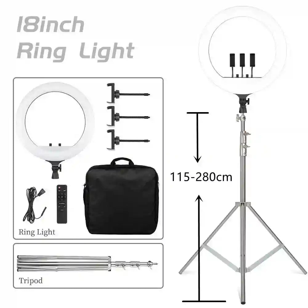18-inch LED ring light with adjustable 115-280cm metal tripod, three phone mounts, remote control, and carrying bag.