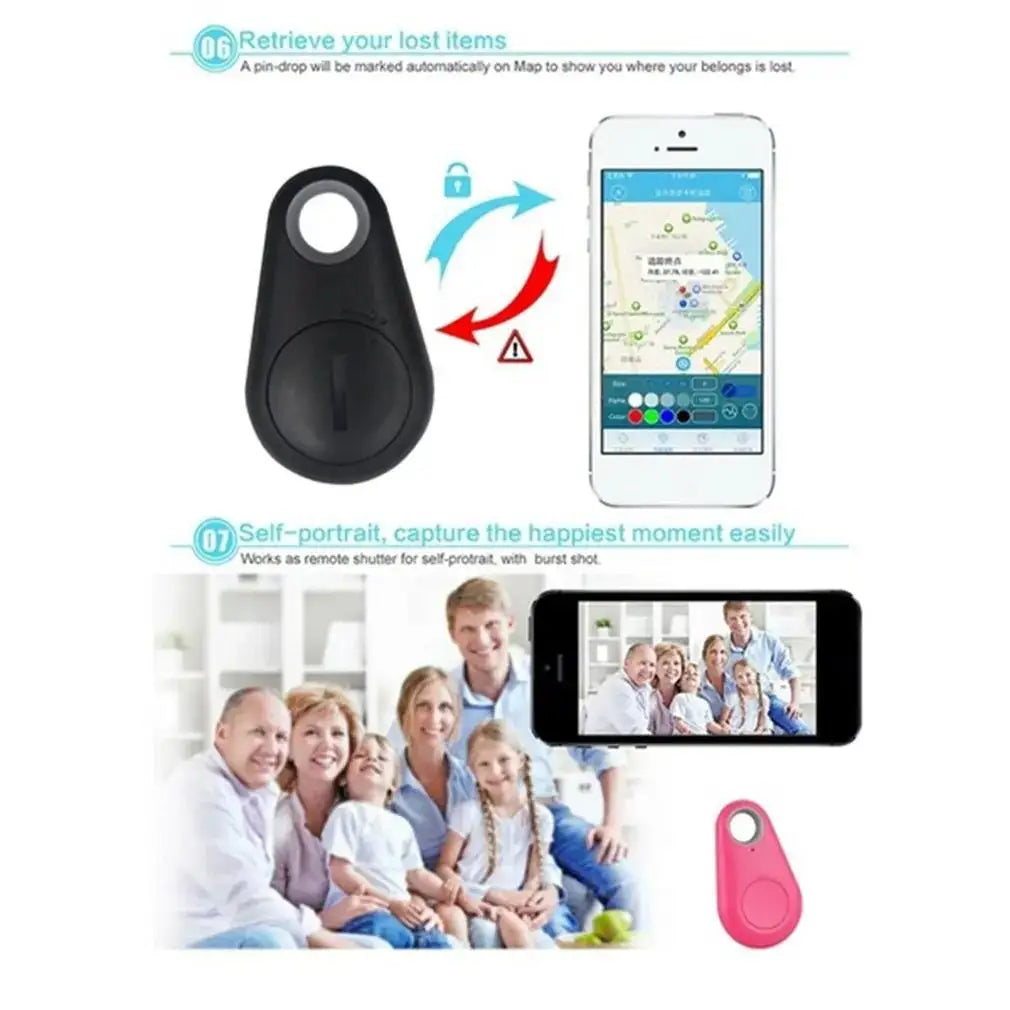 Black and pink mini Bluetooth GPS tracker for pets and keys with smartphone app location tracking and remote shutter.