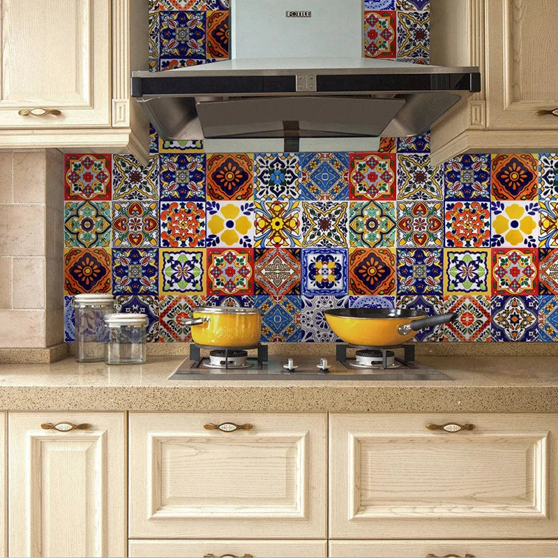 24pc Tile Stickers 4x4in Peel and Stick Backsplash Bathroom Waterproof Tile Stickers Colorful Mexican Tile Stick Home Decor