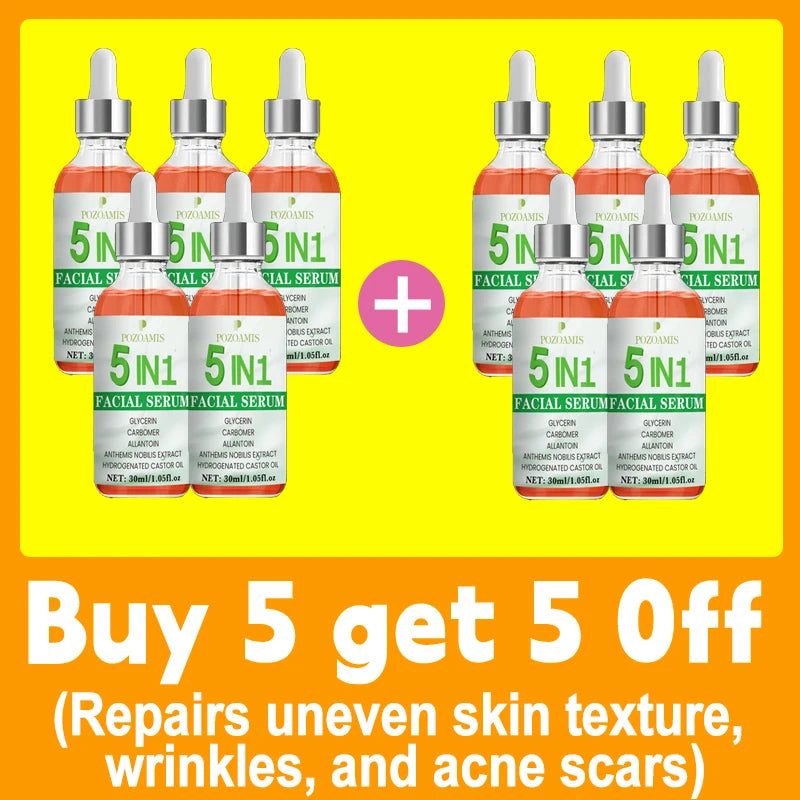 Ten 30ml glass dropper bottles of orange 5-in-1 facial serum for skin texture, wrinkles, and acne scar repair.