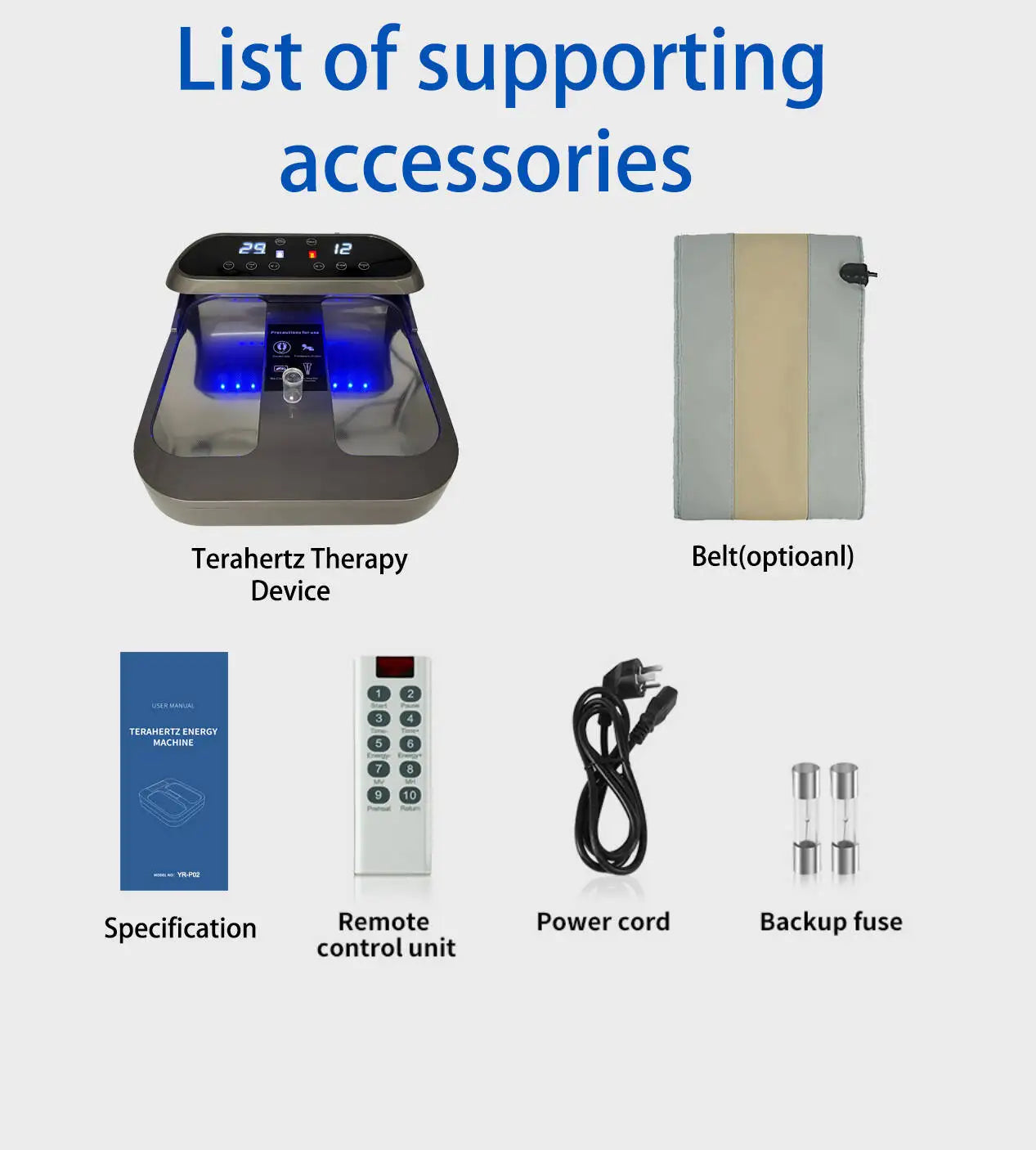 Tera-P90 Terahertz PEMF therapy foot massager kit with device, optional belt, remote, power cord, and backup fuses.