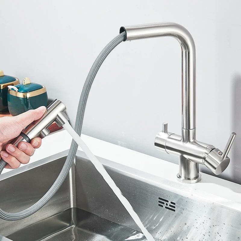 Filtered Kitchen Faucet Brass Purifier Faucet Dual Sprayer Drinking Water Mixer Tap Nozzle Sink Mixer Kitchen Gold Tap
