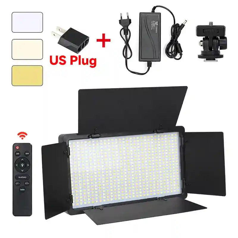 LED video light panel with adjustable barn doors, remote control, power adapter, US plug, and mounting bracket.
