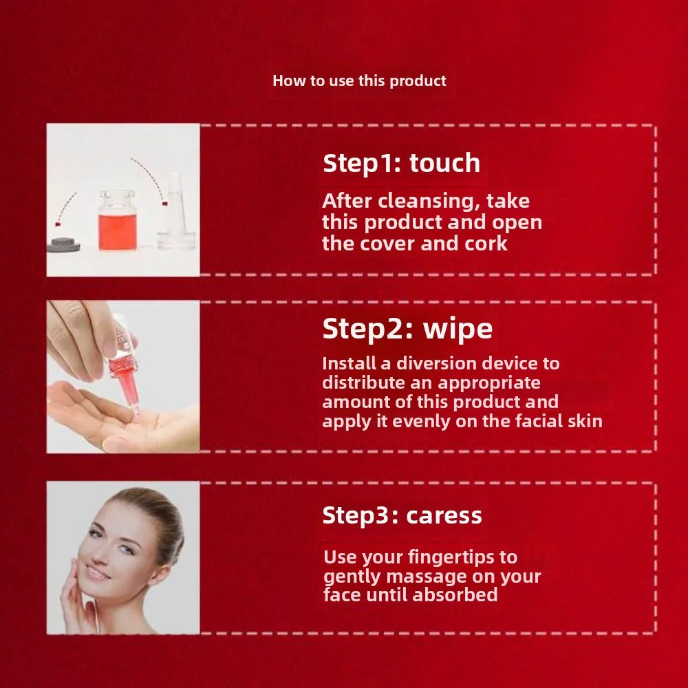 Three-step instructional guide for applying orange facial serum with a glass vial and dropper.