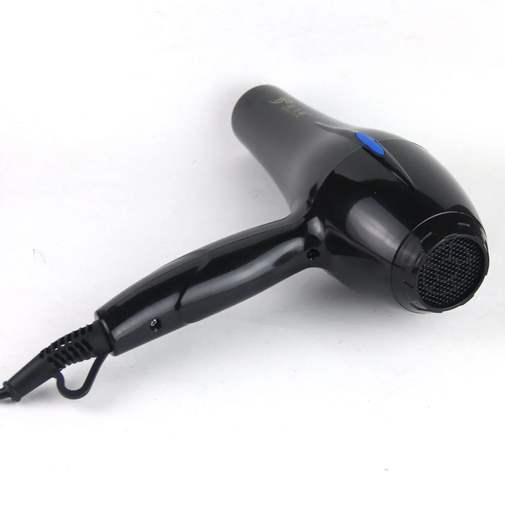 Professional black hair dryer with hot and cold settings, 220V EU plug, ergonomic design for salon or home use.