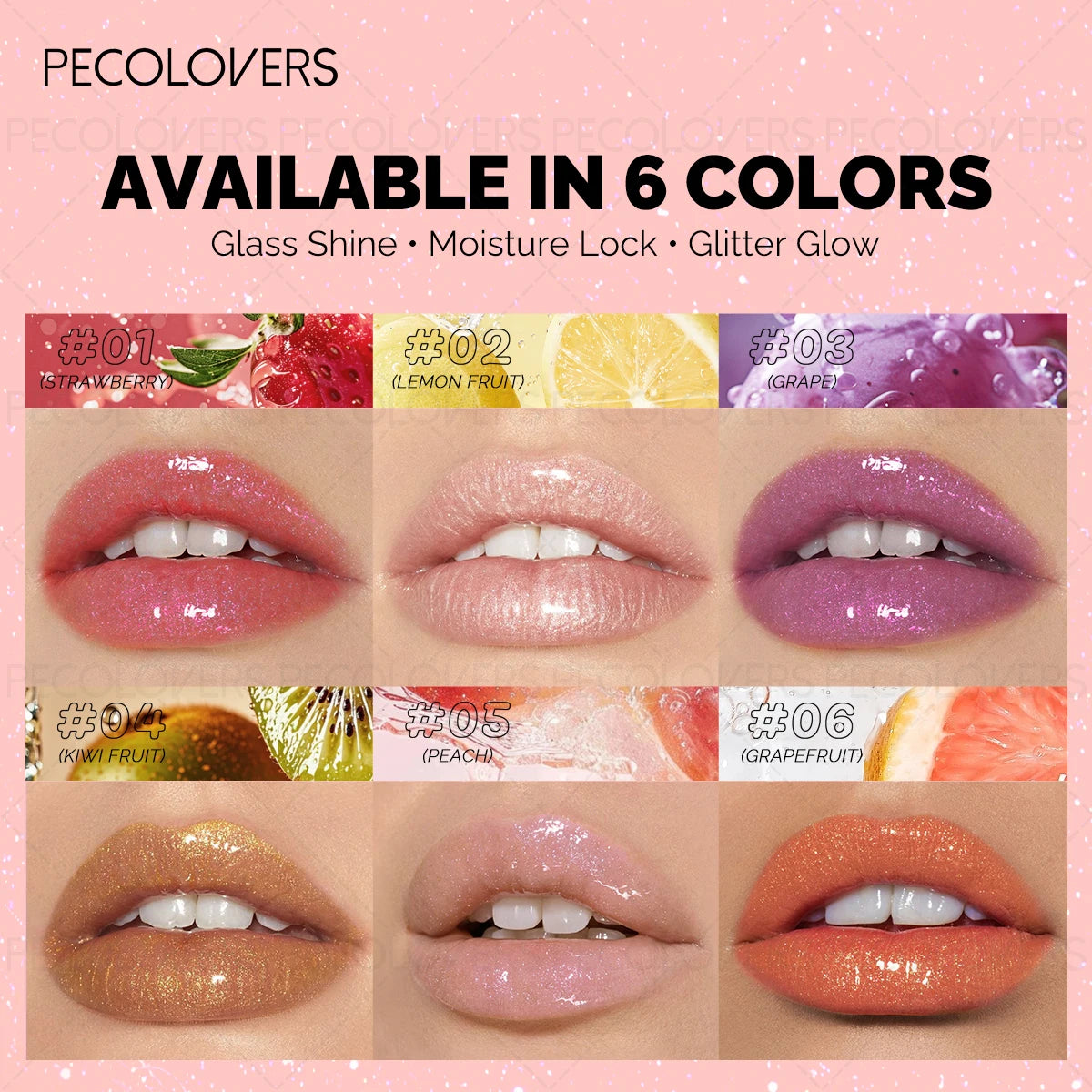 6-color moisturizing lip gloss set with glass shine and glitter finish for a lasting, natural lip makeup look.
