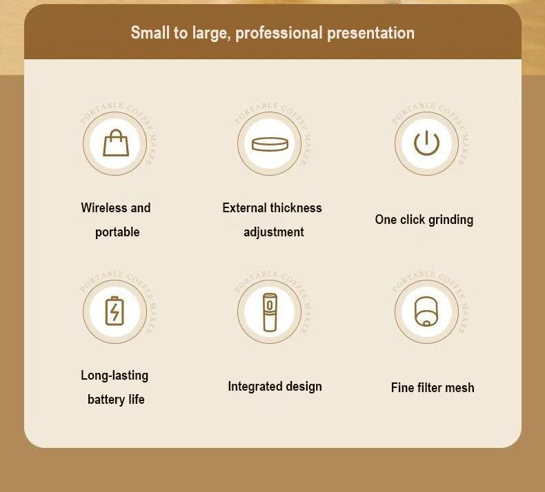 Features of portable wireless coffee maker with one-click grinding, adjustable thickness, and integrated filter.