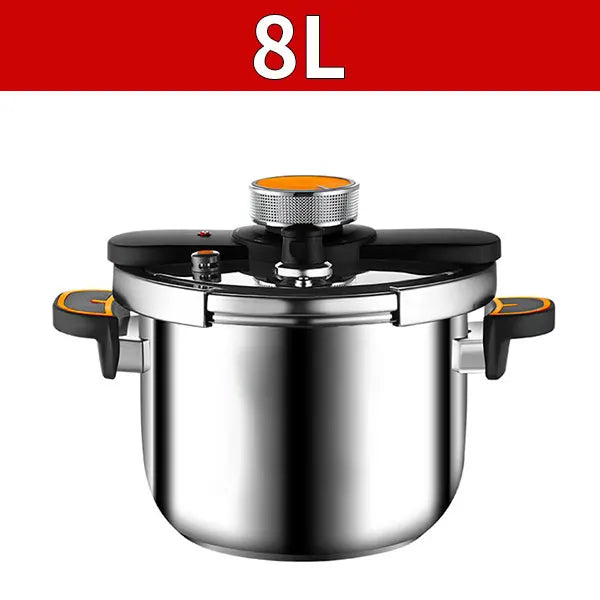 8L stainless steel pressure cooker with black lid and safety locking valve