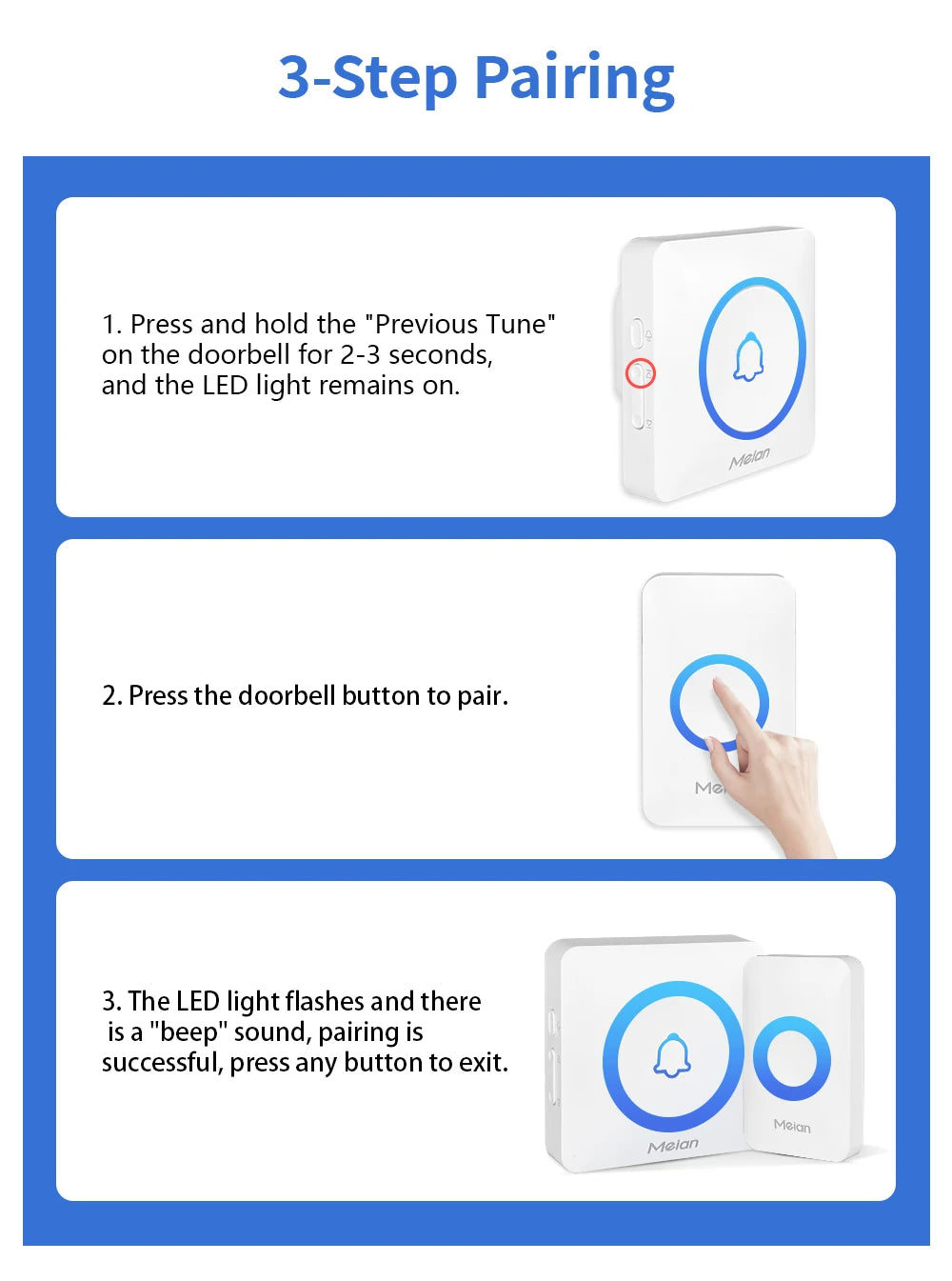 Meian-Outdoor Wireless Doorbell, Smart Home Welcome Doorbell, IP65 Waterproof Door Bell, Chime Kit, 60 Ringtone, LED Flash Alarm