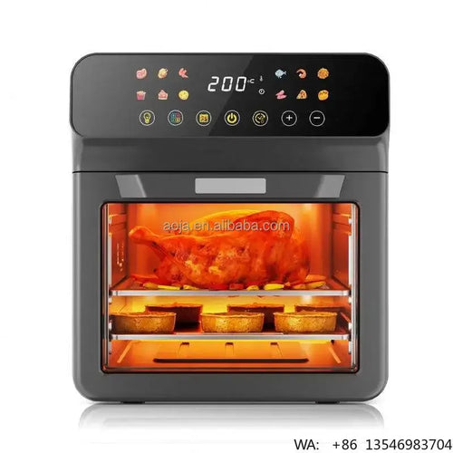 Black air fryer oven front view with open door, illuminated interior and control panel
