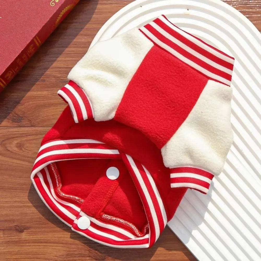 Red and white fleece varsity jacket for dogs and cats, warm button-up winter baseball coat for small pets.