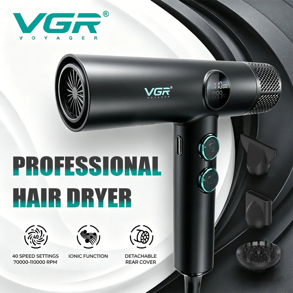 VGR V-401 professional black ionic hair dryer with digital display, BLDC motor, and 3 magnetic styling attachments.