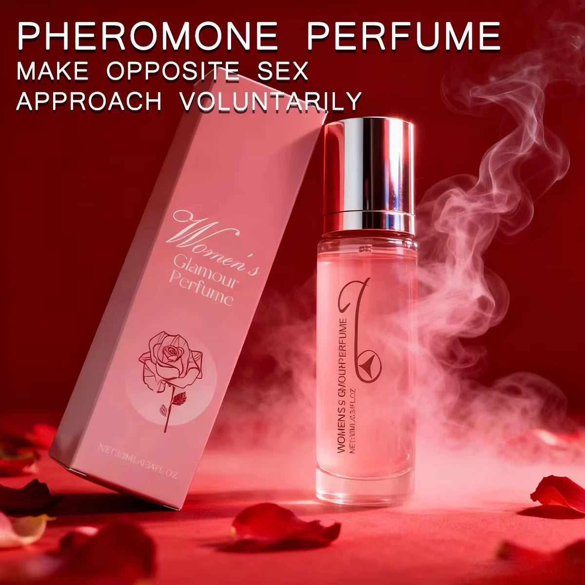 Women's Rose Pheromone Perfume, elegant floral rollerball, long-lasting portable fragrance in a chic glass bottle.