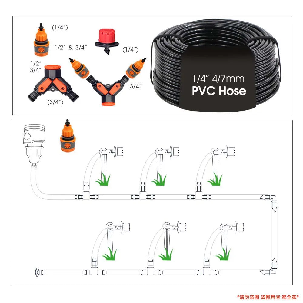 Irrigation sprinkler kit layout with 1/4 in nozzles and 4/7 mm PVC hose connection parts