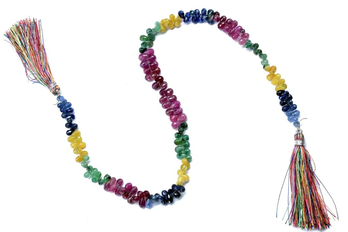 Multi-color faceted drop bead strand necklace with tassel, 4x6mm beads