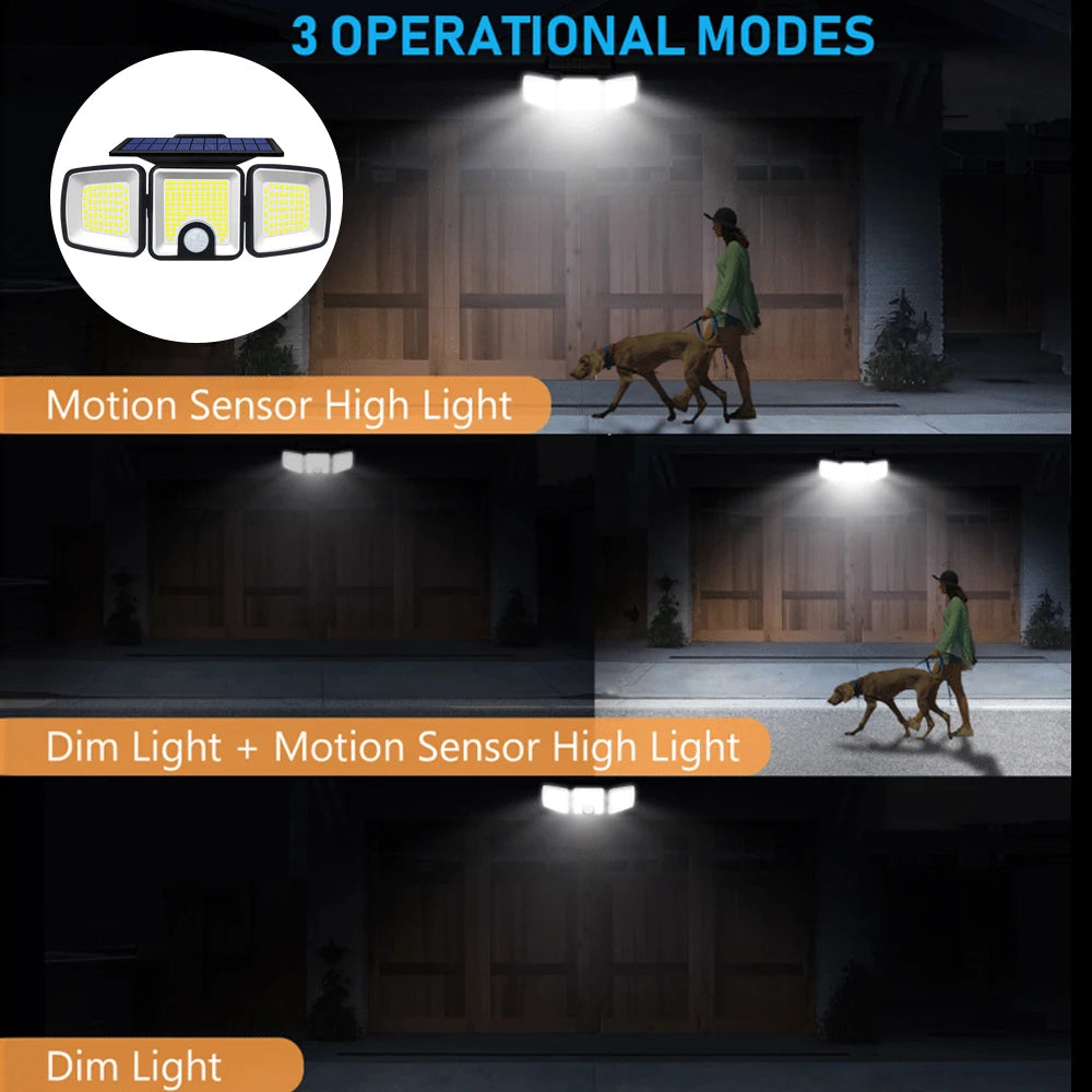 Solar Lights Outdoor 3 Heads Motion Sensor 286/236LED Security Flood Lights Waterproof 3 Modes Wall Lamp for Garden Patio Yard