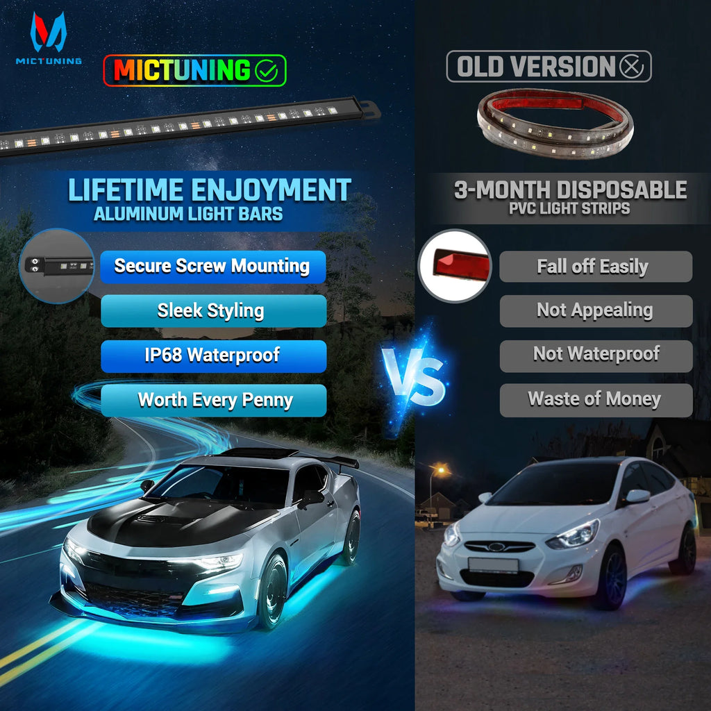 Comparison chart of rigid aluminum LED underglow light bars for vehicle exterior lighting versus flexible PVC strips.