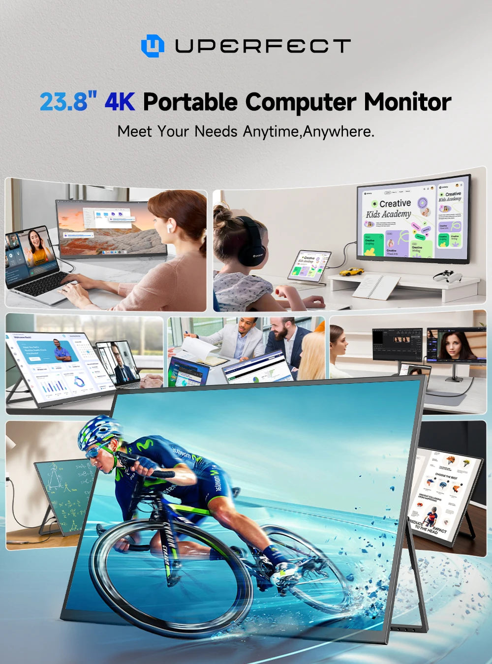 UPERFECT UHD 4K 23.8" Large QLED Screen USB-C HDMI Work Home Second Monitor W/180°Adjustable Stand For Laptop Desktop PC Mac PS5