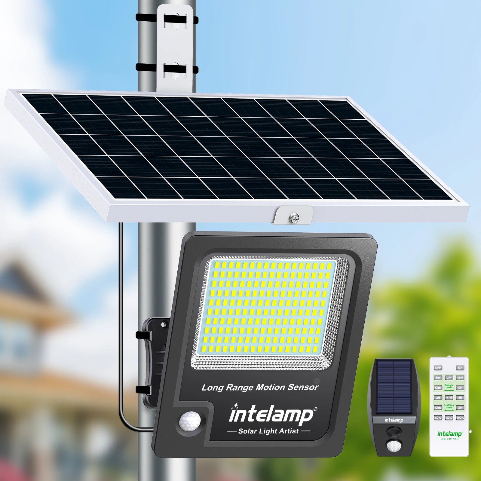 Intelamp 12000mah 3000LM Solar Lights Outdoor Lamp IP66 With Larger Solar Panel Two Motion Sensors For Garden Street Wall Yard