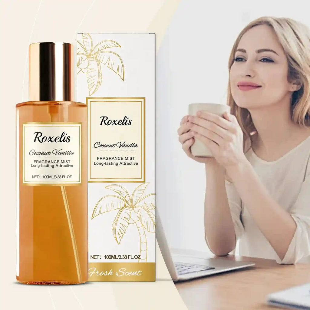 Roxelis Coconut Vanilla body mist, a long-lasting niche fragrance in a sleek cylindrical bottle for women. Fresh scent.