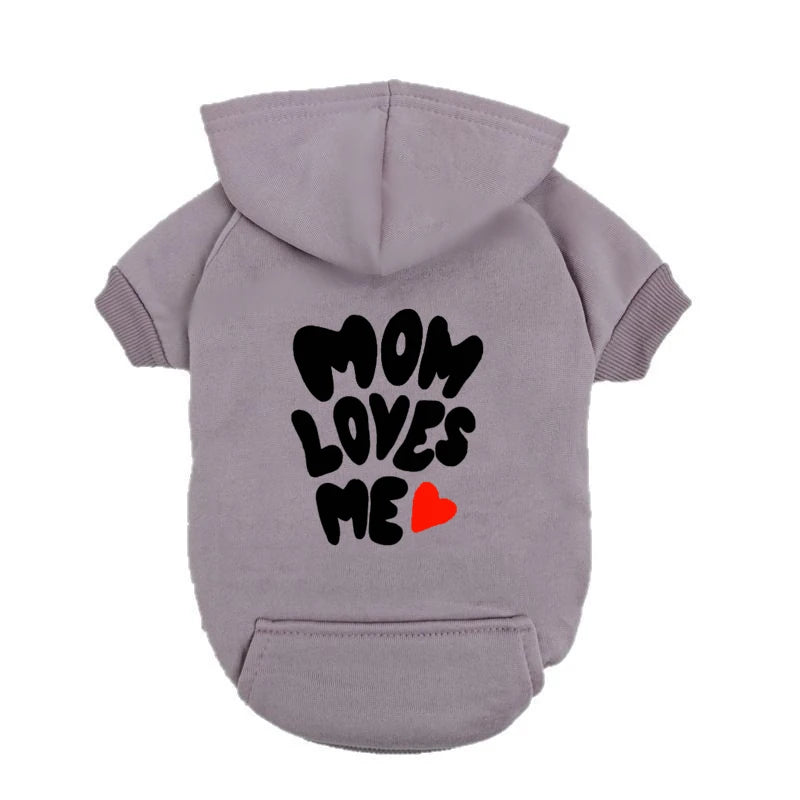 Cute purple dog hoodie with "Mom Loves Me" heart print for small dogs, perfect warm outfit for cozy pet style.