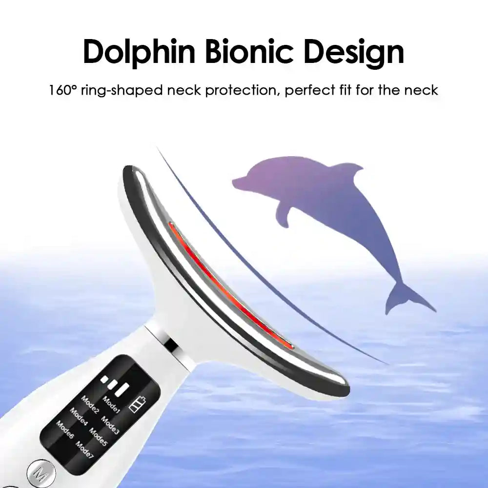 White neck massager with dolphin-shaped head, silver trim, and digital LED mode display screen.