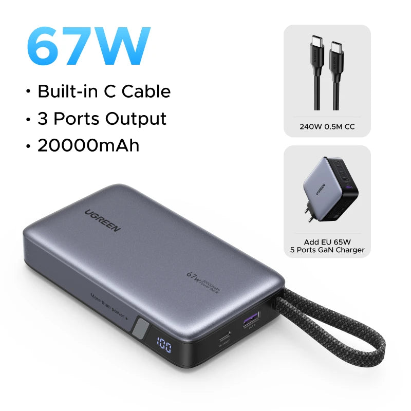 20000mAh Power Bank 67W Fast Charging Portable Charger with Built-in Cable Add 65W EU Charger Tidesmit