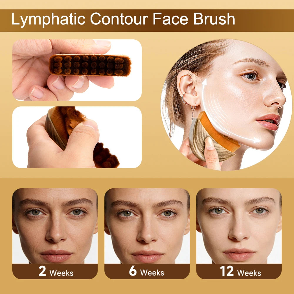 Small semi-circular face brush with dense brown bristles for lymphatic massage and contouring along the jawline.