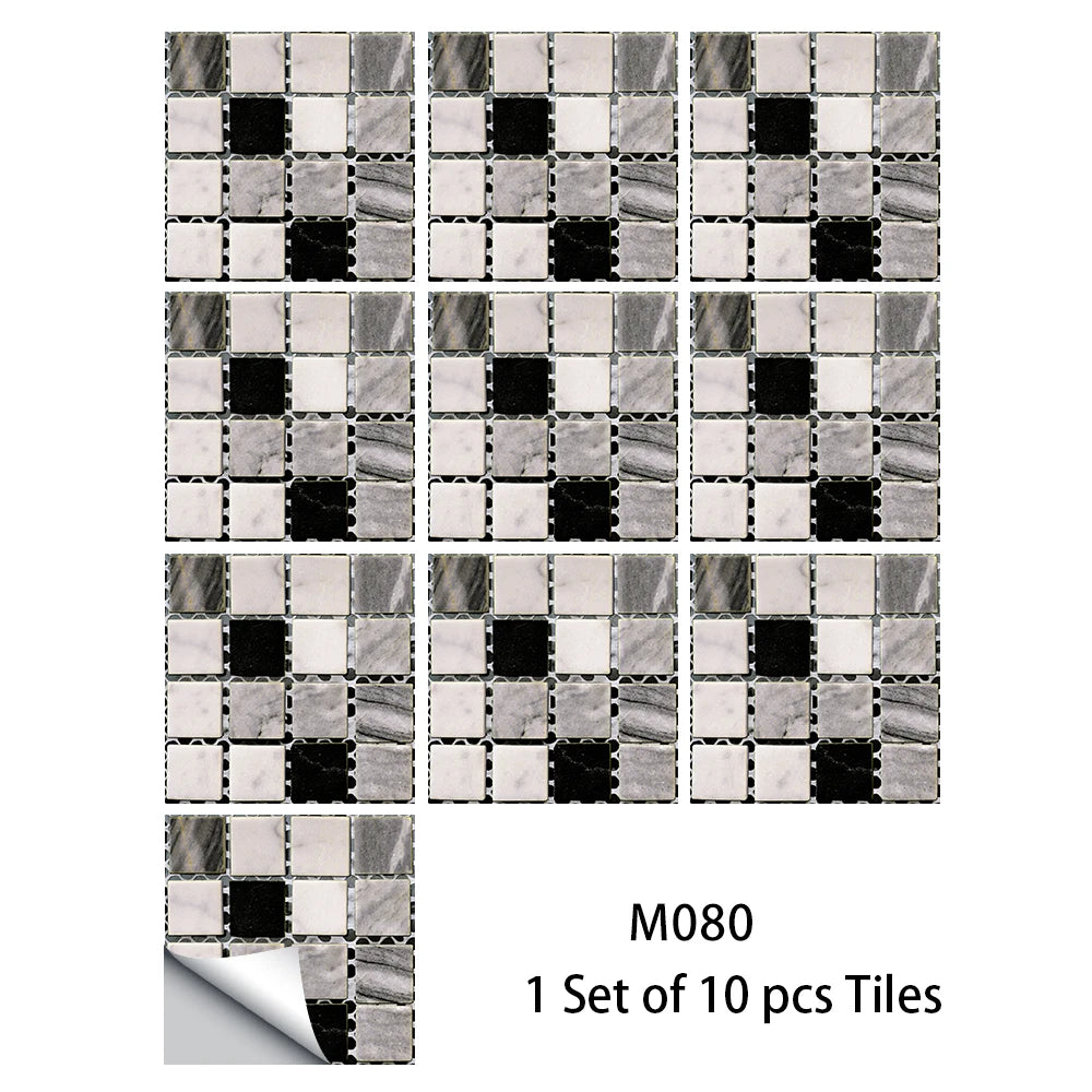 Glossy monochrome mosaic tile sticker set of 10 pcs, gray white and black square tiles