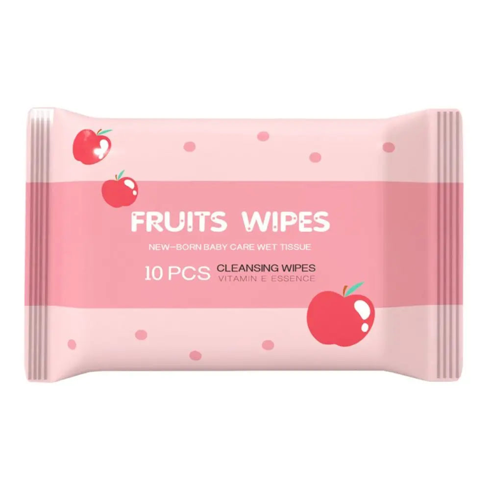 Pink pack of 10 Fruits Wipes baby care cleansing wet tissues with vitamin E, featuring cute apple design.